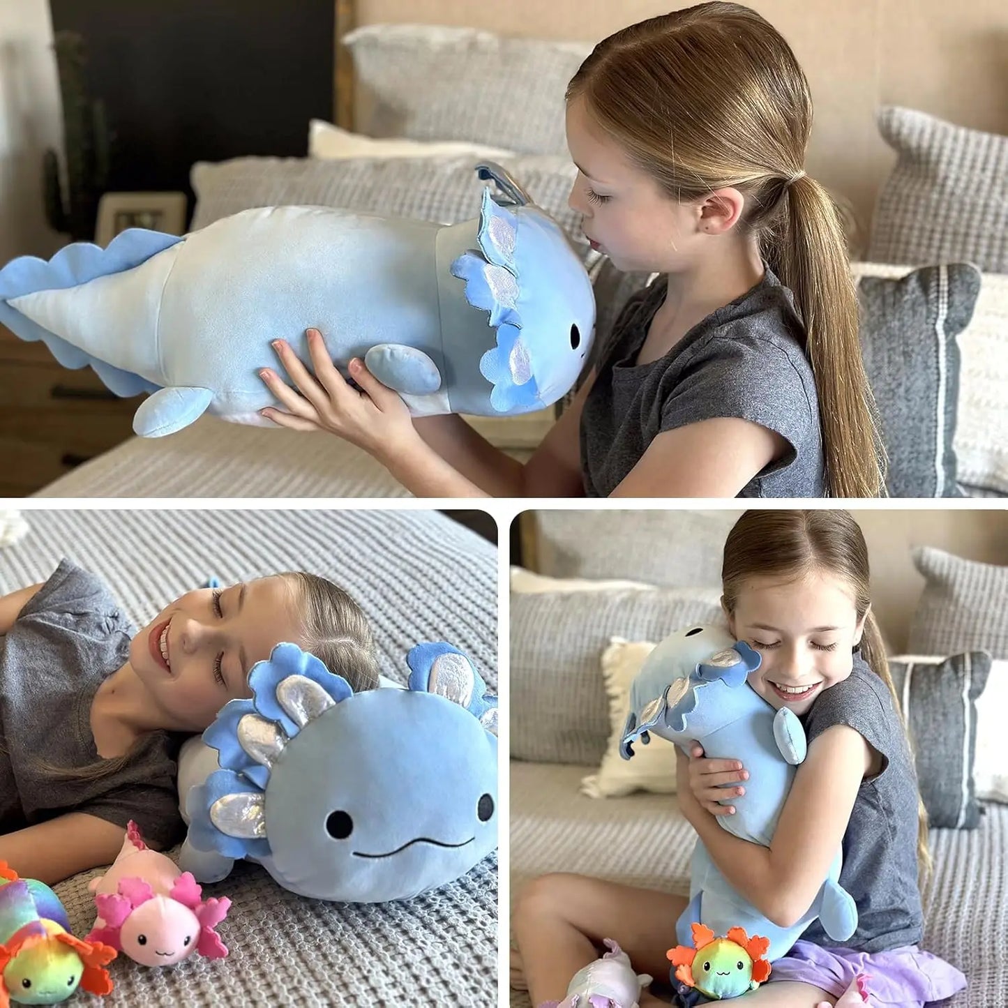 Giant Axolotl Plush with 3 Baby Axolotl Inside - 23.5" Soft Stuffed Animal Throw Pillow - Blue