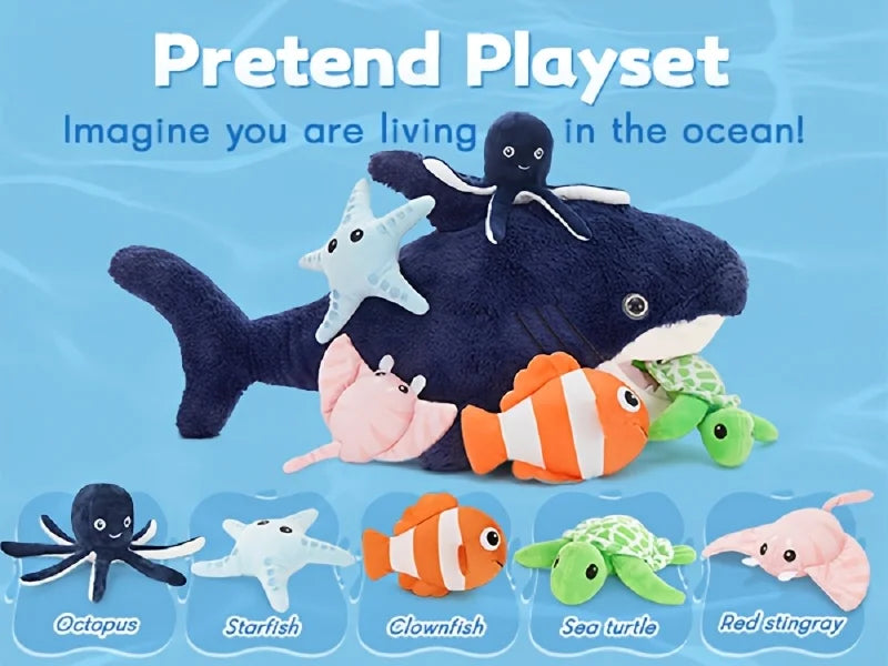 6pcs Shark Plush Toy Set - Navy Blue, Soft Polyester Stuffed Sea Creatures for Youngsters