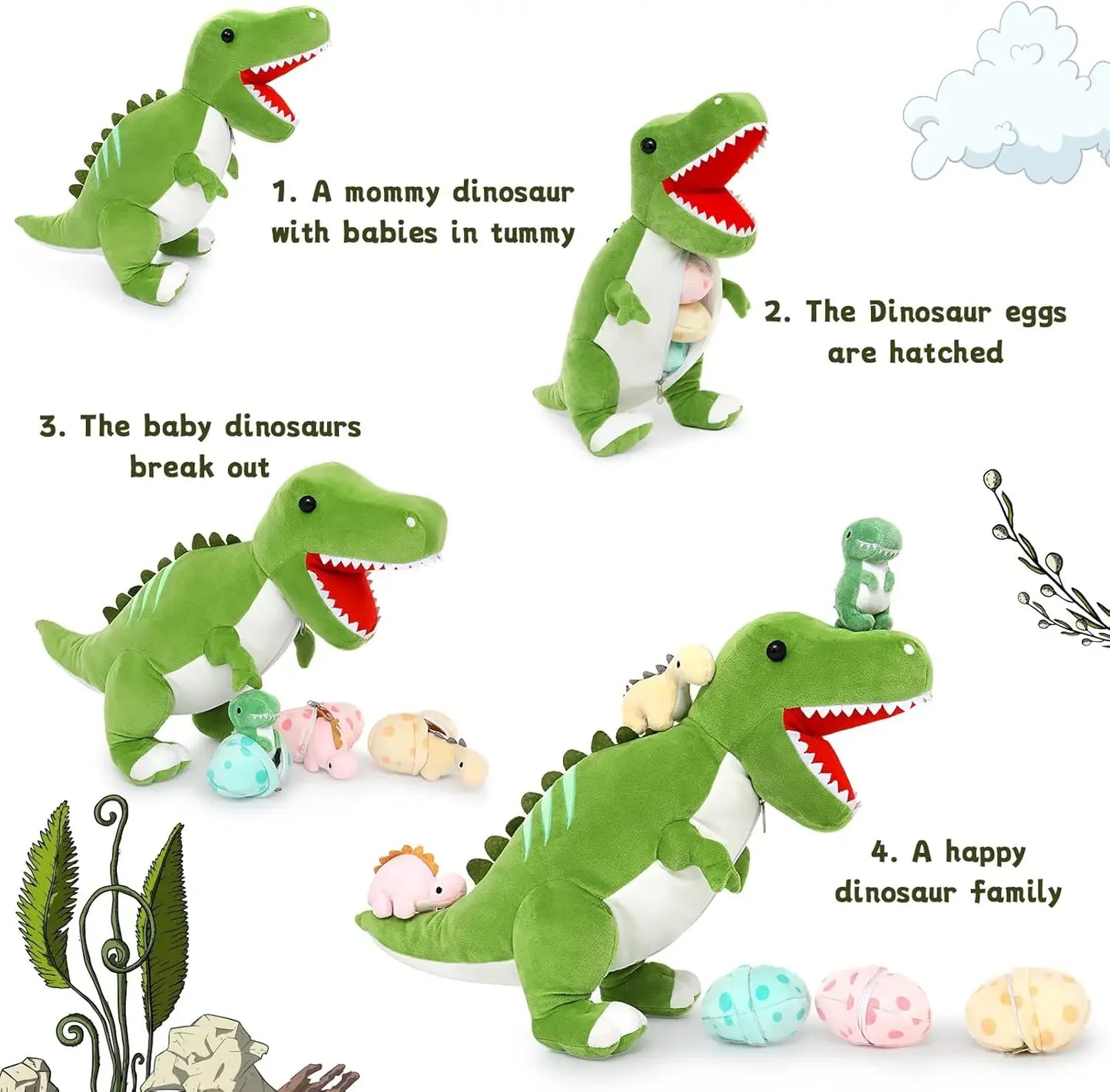 Giant Dinosaur Stuffed Animal 23.6'' Big T-Rex Mommy Dinosaur Plush Toy with 3 Cute Baby Dinosaurs & 3 Egg Bags Inside