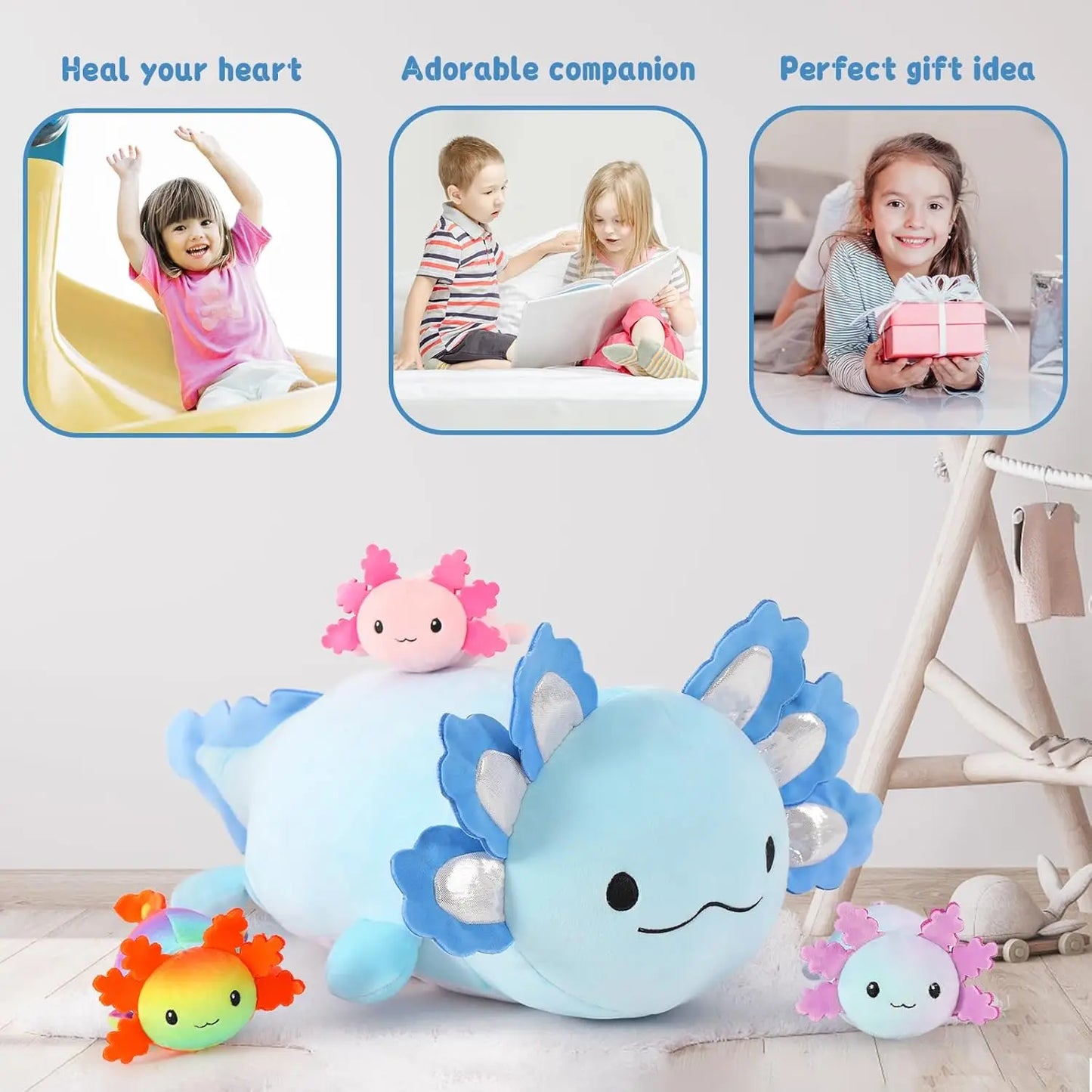 Giant Axolotl Plush with 3 Baby Axolotl Inside - 23.5" Soft Stuffed Animal Throw Pillow - Blue