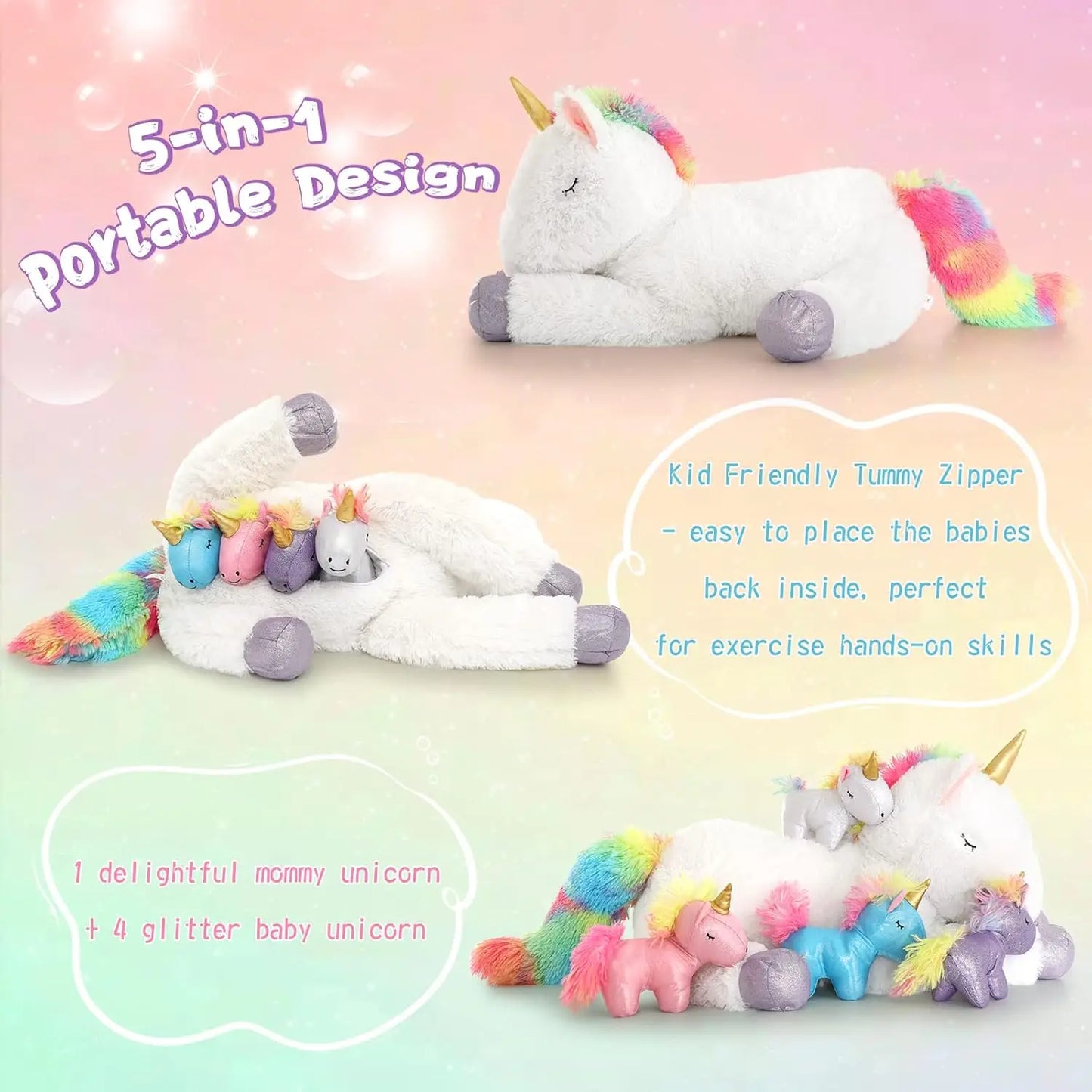 22'' Unicorn Stuffed Animal for Girls, Mommy Stuffed Unicorn with 4 Baby Unicorns, Cute Plush Unicorn Plush Toy for Kids
