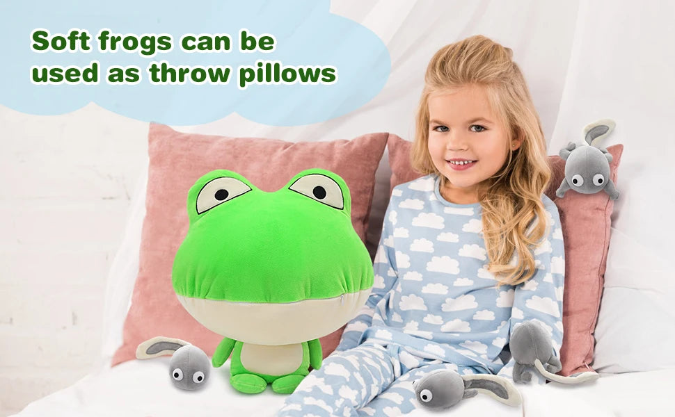 Giant Frog Stuffed Animal- 18” Large Mommy Frog Plush Toy with 4 Baby Tadpoles Inside Zip, Stuffed Frog