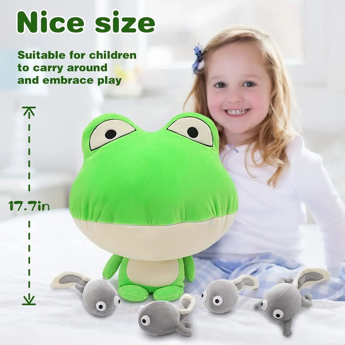 Giant Frog Stuffed Animal- 18” Large Mommy Frog Plush Toy with 4 Baby Tadpoles Inside Zip, Stuffed Frog