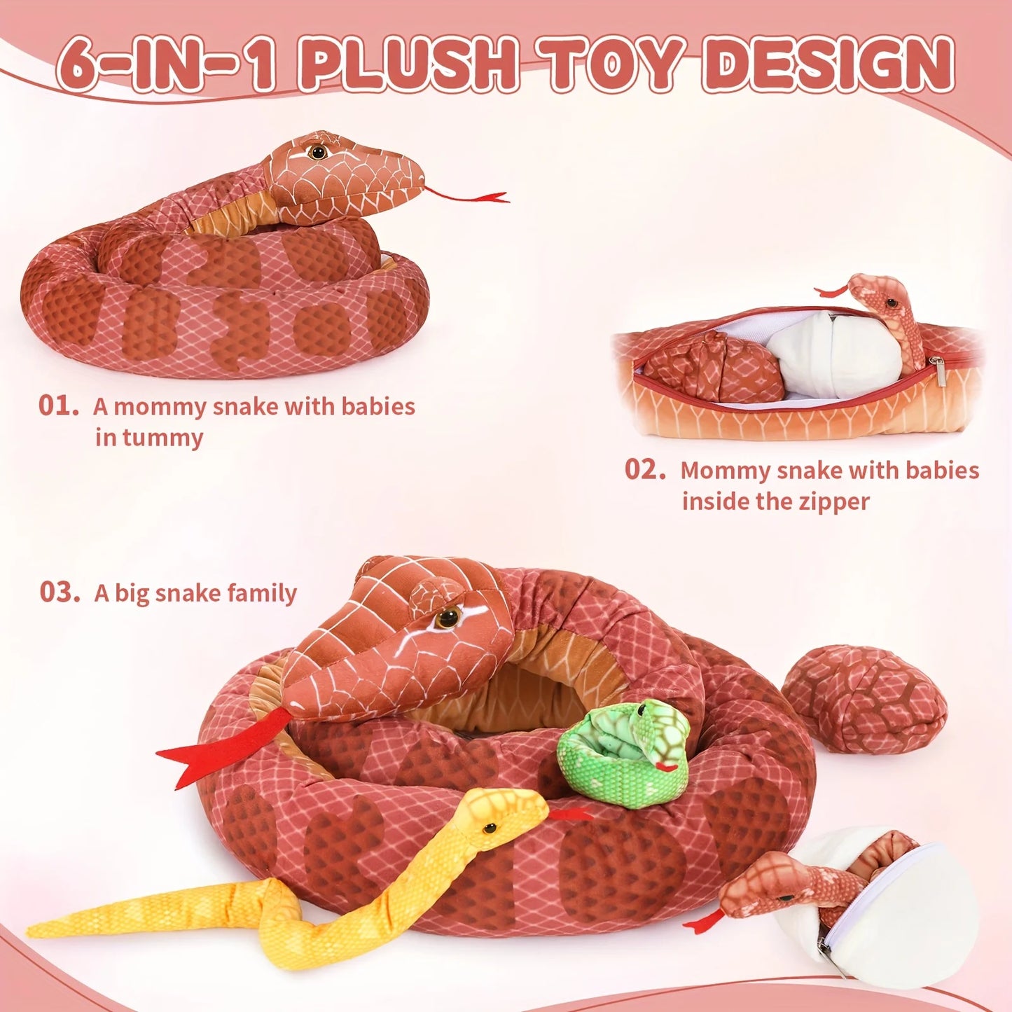 Giant Snake Stuffed Animal, Large Mommy With 3 Babies & 2 Eggs Snakes Plush Toy, 79'' Long Red Boa Constrictor Gift For Kids