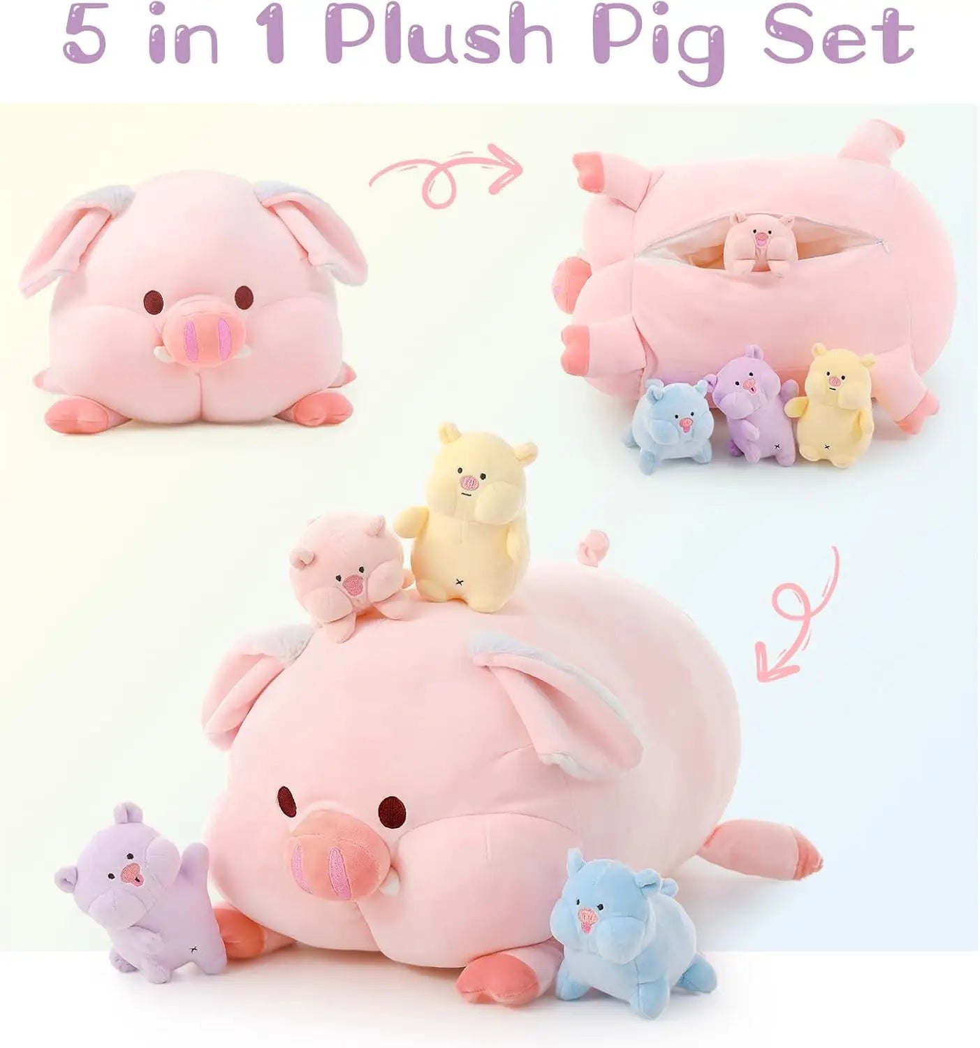 5 Pcs Pig Stuffed Animal with Babies, 19.6 inch Soft Cuddly Pig Plush Toy Set for Kids