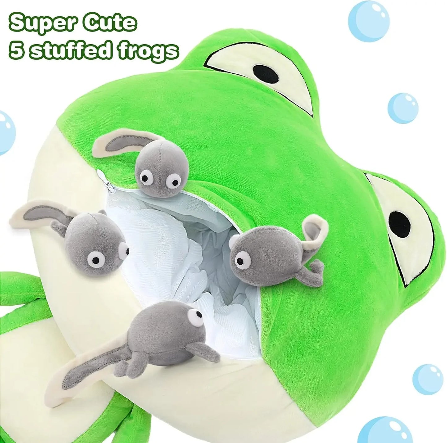 Giant Frog Stuffed Animal- 18” Large Mommy Frog Plush Toy with 4 Baby Tadpoles Inside Zip, Stuffed Frog