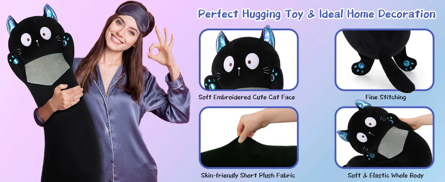 Giant Stuffed Animal Cat Body Pillow, 40'' Big Halloween Stuffed Animal Black Kitten Throw Pillow For kids,Adults