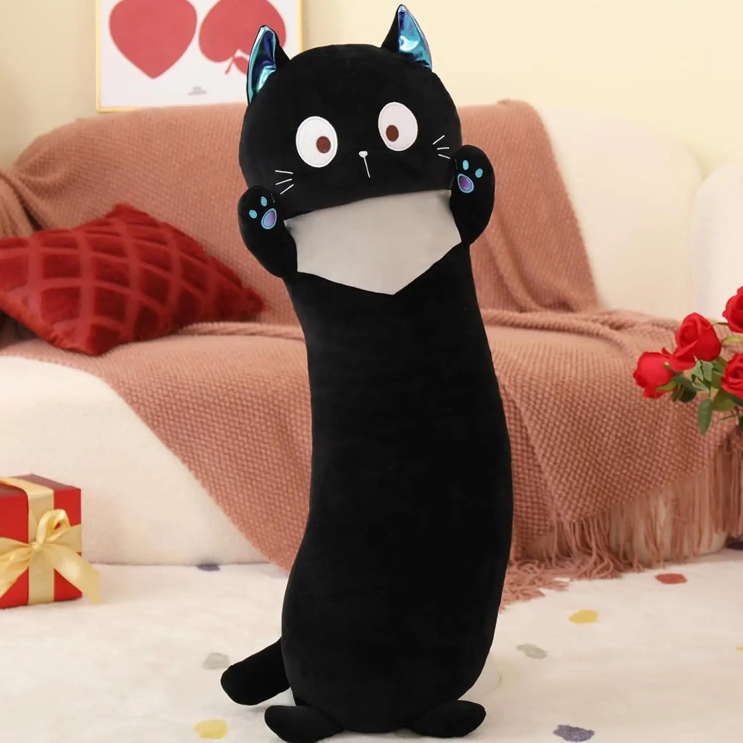 Giant Stuffed Animal Cat Body Pillow, 40'' Big Halloween Stuffed Animal Black Kitten Throw Pillow For kids,Adults