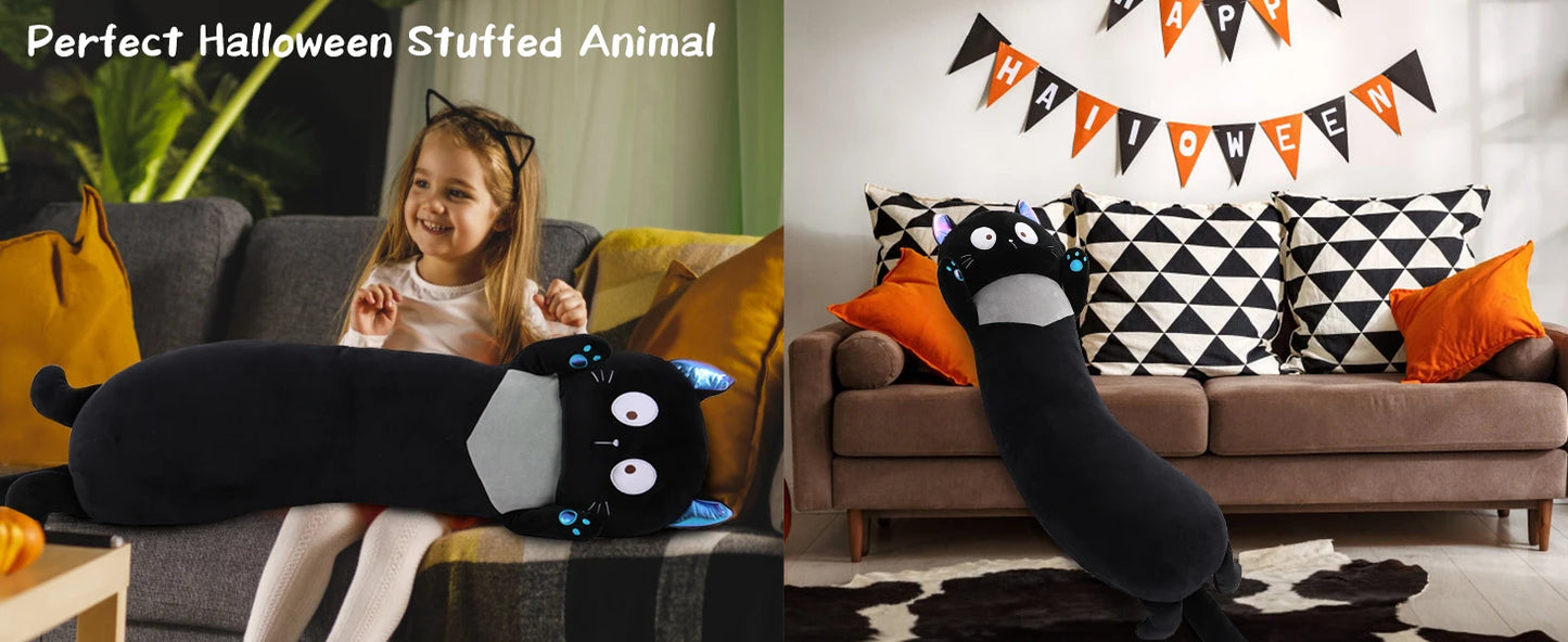 Giant Stuffed Animal Cat Body Pillow, 40'' Big Halloween Stuffed Animal Black Kitten Throw Pillow For kids,Adults