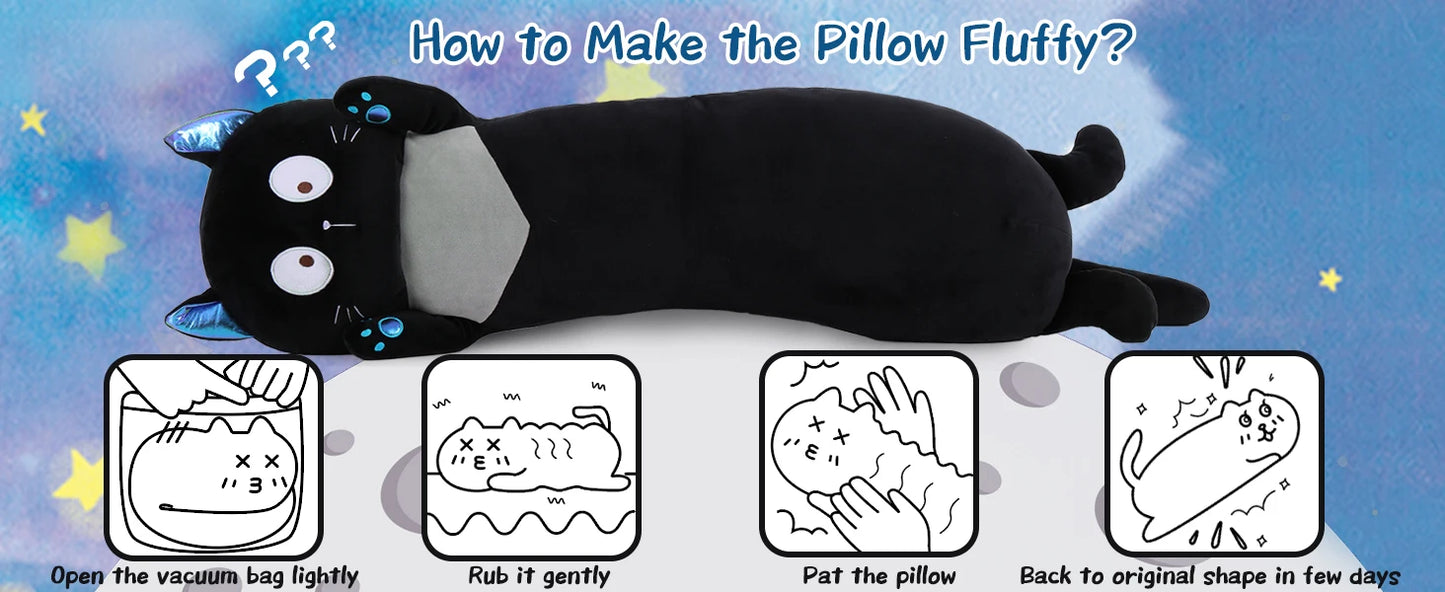 Giant Stuffed Animal Cat Body Pillow, 40'' Big Halloween Stuffed Animal Black Kitten Throw Pillow For kids,Adults