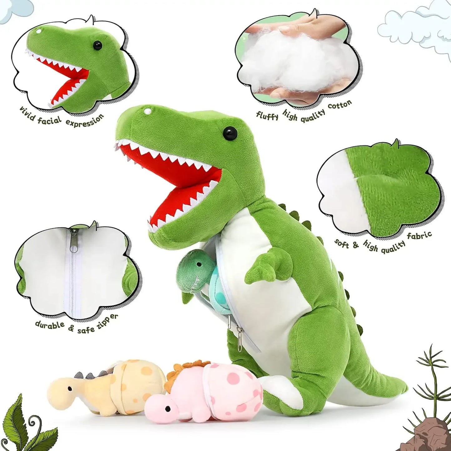 Giant Dinosaur Stuffed Animal 23.6'' Big T-Rex Mommy Dinosaur Plush Toy with 3 Cute Baby Dinosaurs & 3 Egg Bags Inside