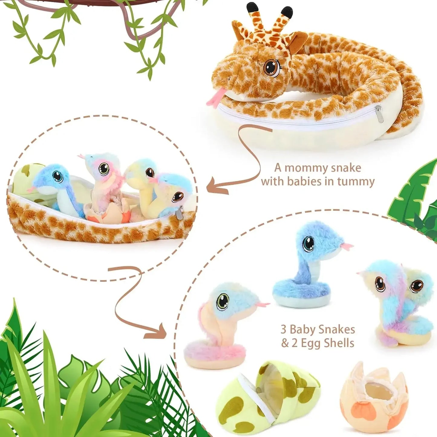 Giant Snake Stuffed Animal Mommy Stuffed Snake with Babies,Egg Plushies, Big Boa Constrictor Stuffed Animal