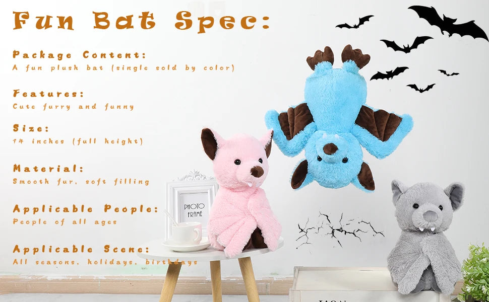 Blue Stuffed Bat Plush Toy - 14 Inches Goth Halloween Stuffed Animals - Soft Furry Gifts for Kids