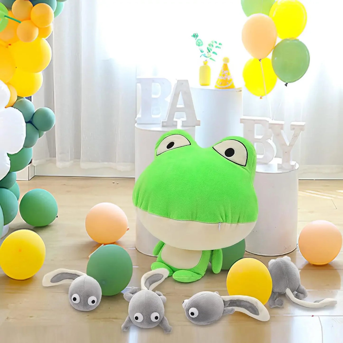 Giant Frog Stuffed Animal- 18” Large Mommy Frog Plush Toy with 4 Baby Tadpoles Inside Zip, Stuffed Frog