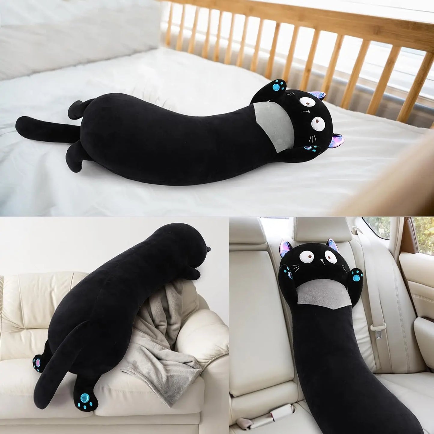 Giant Stuffed Animal Cat Body Pillow, 40'' Big Halloween Stuffed Animal Black Kitten Throw Pillow For kids,Adults