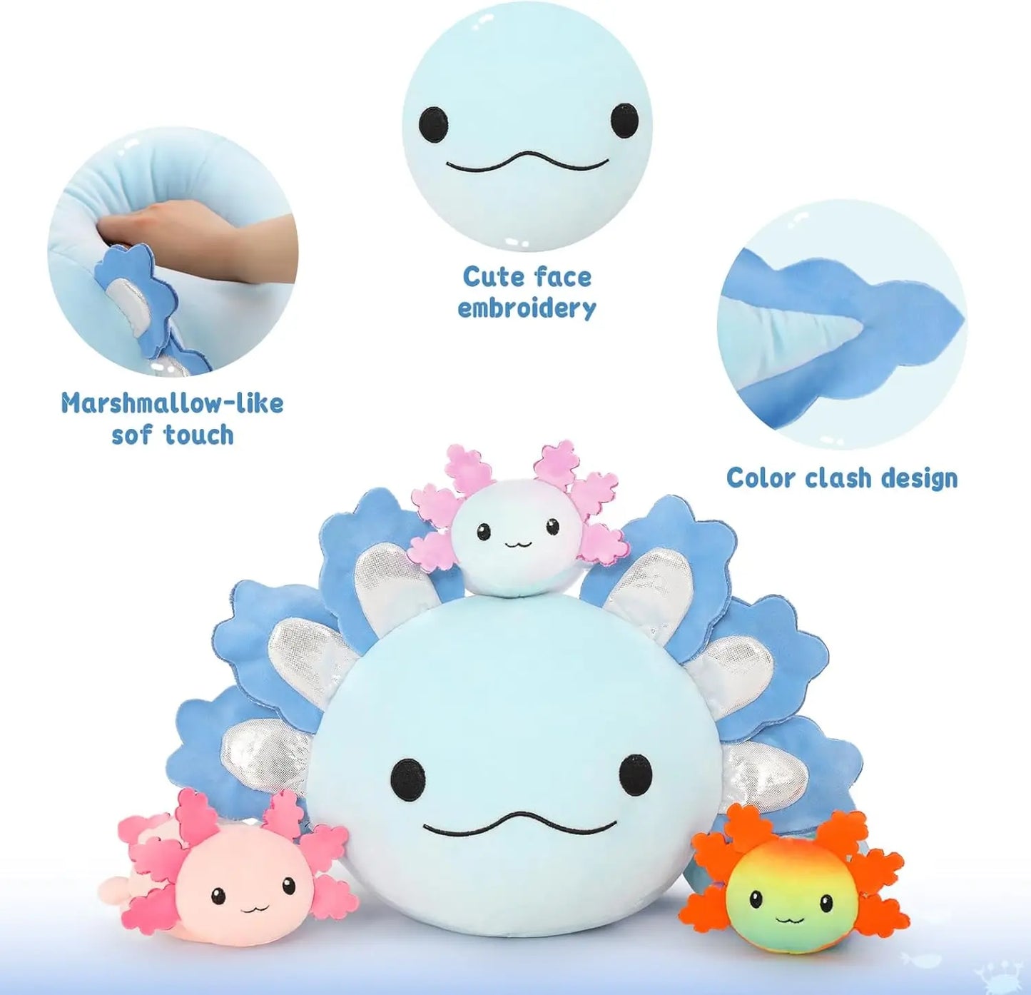 Giant Axolotl Plush with 3 Baby Axolotl Inside - 23.5" Soft Stuffed Animal Throw Pillow - Blue