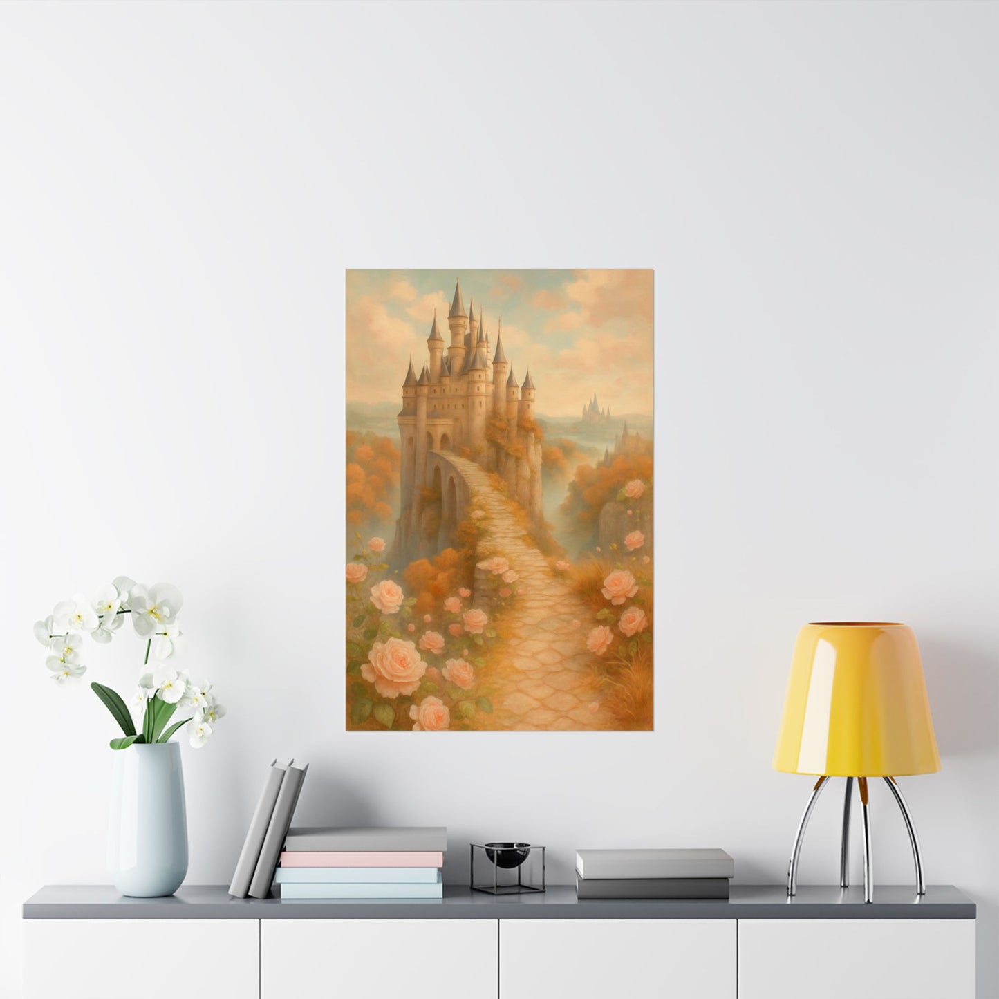 Vertical Poster - Castle with Pink Flowers, Vintage Cute Design