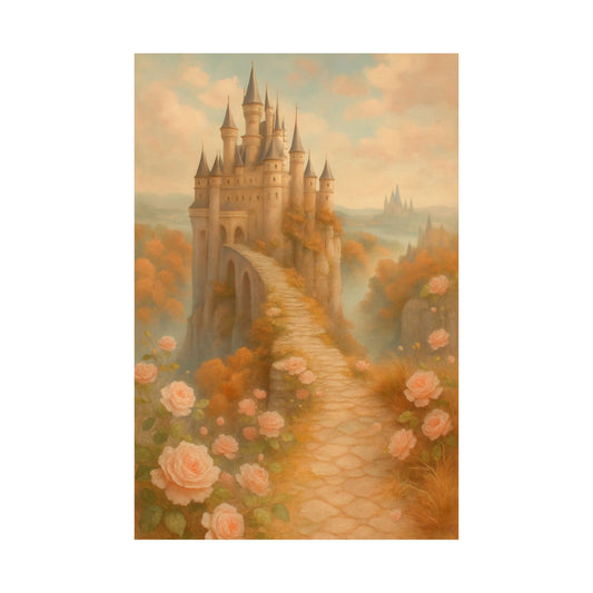 Vertical Poster - Castle with Pink Flowers, Vintage Cute Design