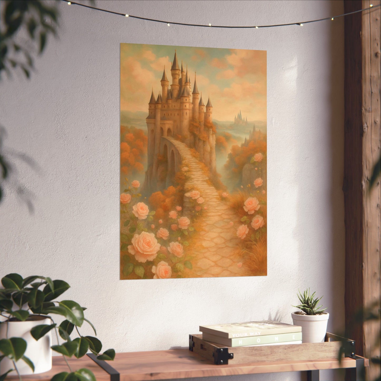 Vertical Poster - Castle with Pink Flowers, Vintage Cute Design