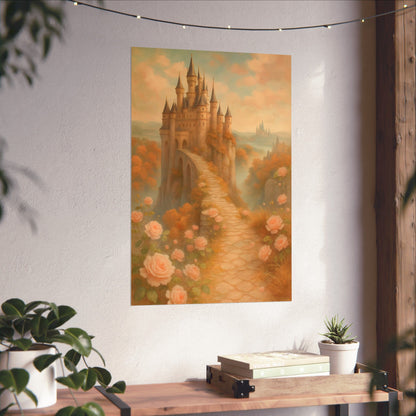 Vertical Poster - Castle with Pink Flowers, Vintage Cute Design