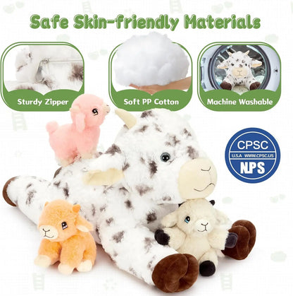 21.7 Inch Big Goat Stuffed Animal with 3 Cute Stuffed Goat Babies Inside for Age 3+ Kids, Goat Stuffed Goat Plush Toy Set