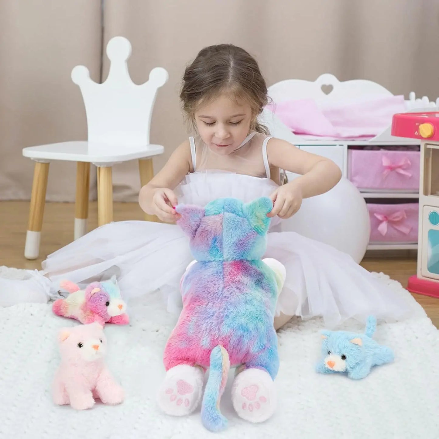 4 Piece Cats Stuffed Animals,  Cute Rainbow Mom and Baby Stuffed Cats for Kids Girls Boys Gift for Valentines Birthday