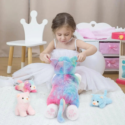 4 Piece Cats Stuffed Animals,  Cute Rainbow Mom and Baby Stuffed Cats for Kids Girls Boys Gift for Valentines Birthday