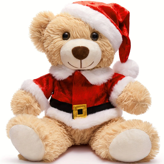 Christmas Teddy Bear Stuffed Animal - 13.8 inch Light Brown Polyester Fiber Plush Bear with Santa Outfit, Gift for Ages 3+