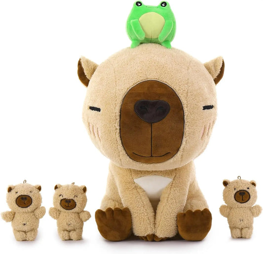 Capybara Stuffed Animal, 21.6'' Big Mommy Capybara Plush Toy with 3 Baby Stuffed Capybara 1 Frog Plush Toy