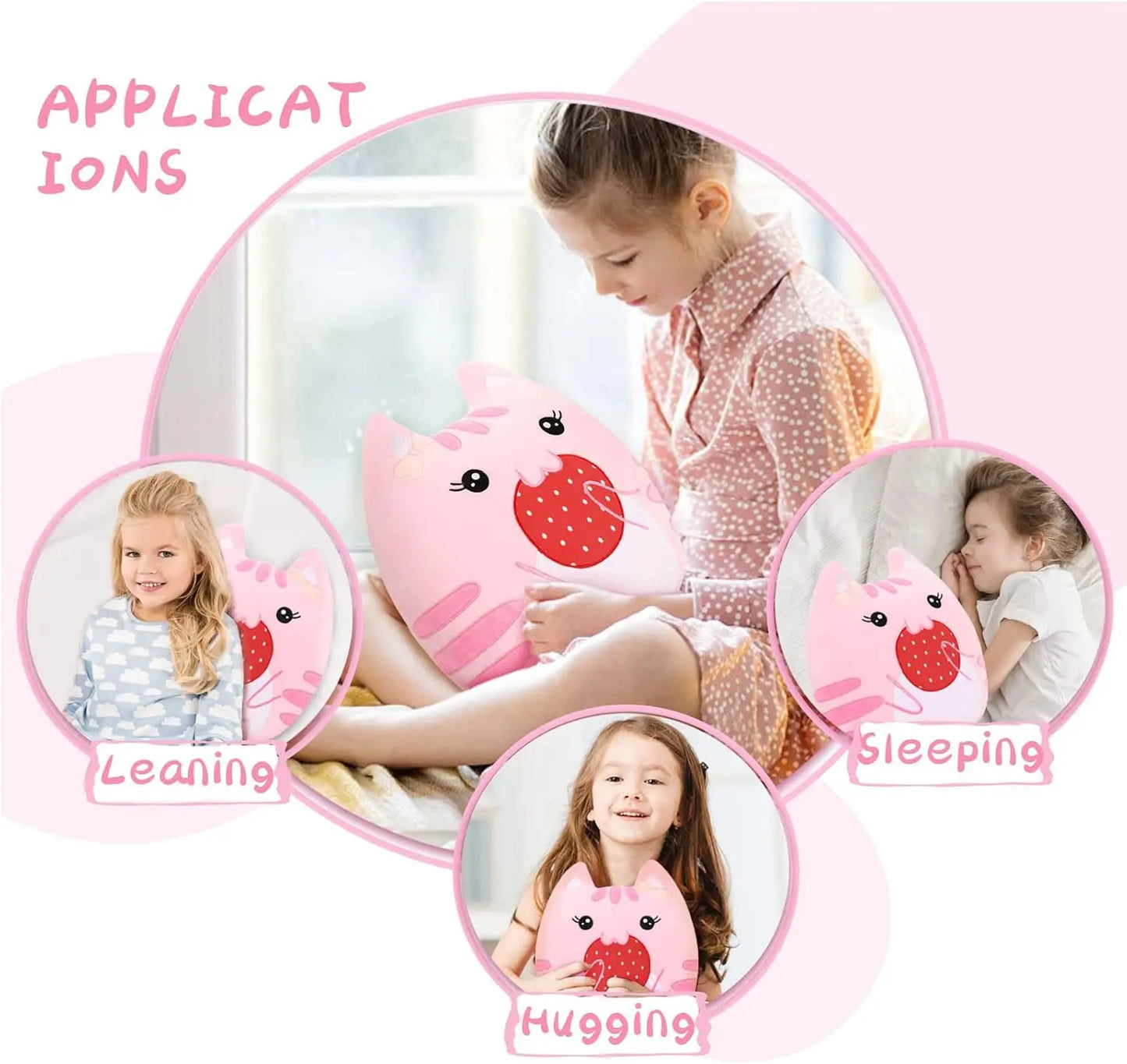 Soft Stuffed Animals Throw Pillow, Kawaii Pink Kitty Cat Eats Strawberry Cartoon Plush Toy Hugging Pillow, Great Gift for Kids