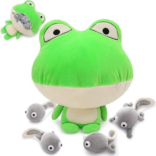 Giant Frog Stuffed Animal- 18” Large Mommy Frog Plush Toy with 4 Baby Tadpoles Inside Zip, Stuffed Frog