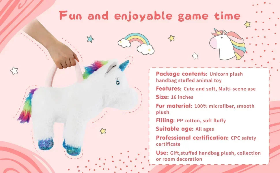 16" White Rainbow Mane Unicorn Toys Handbag - Soft Fluffy Unicorn Plush with a Unicorn Headband as Gifts