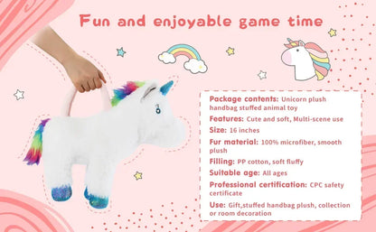 16" White Rainbow Mane Unicorn Toys Handbag - Soft Fluffy Unicorn Plush with a Unicorn Headband as Gifts
