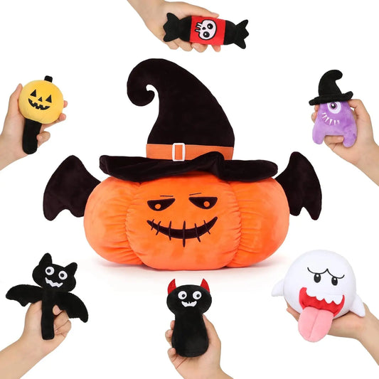 7Pcs Halloween Pumpkin Plush Toy, 21 Inch Big Pumpkin Stuffed Animal with Glow-in-Dark Small Plush Dolls Inside Pumpkin Bucket