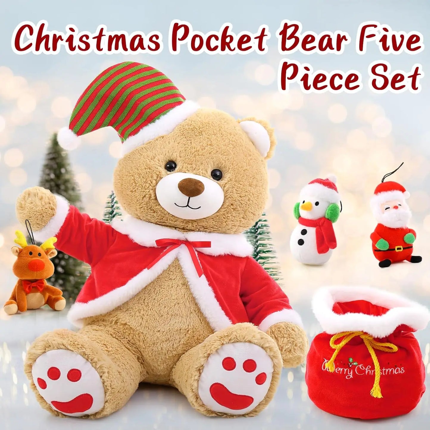 Christmas Teddy Bear Stuffed Animal Santa Claus Snowman Elk Stuffed Soft Plush Toys, 24"(Red Coat, Hat)