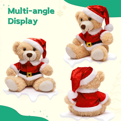 Christmas Teddy Bear Stuffed Animal - 13.8 inch Light Brown Polyester Fiber Plush Bear with Santa Outfit, Gift for Ages 3+