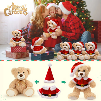 Christmas Teddy Bear Stuffed Animal - 13.8 inch Light Brown Polyester Fiber Plush Bear with Santa Outfit, Gift for Ages 3+