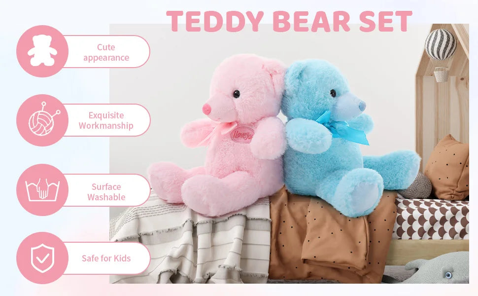 2 Pack Pink and Blue Teddy Bear, Small Teddy Bear Stuffed Animal Plush for Christmas Valentines Day