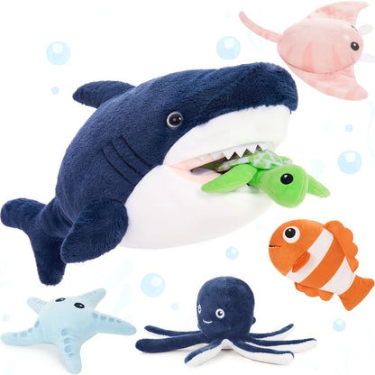 6pcs Shark Plush Toy Set - Navy Blue, Soft Polyester Stuffed Sea Creatures for Youngsters