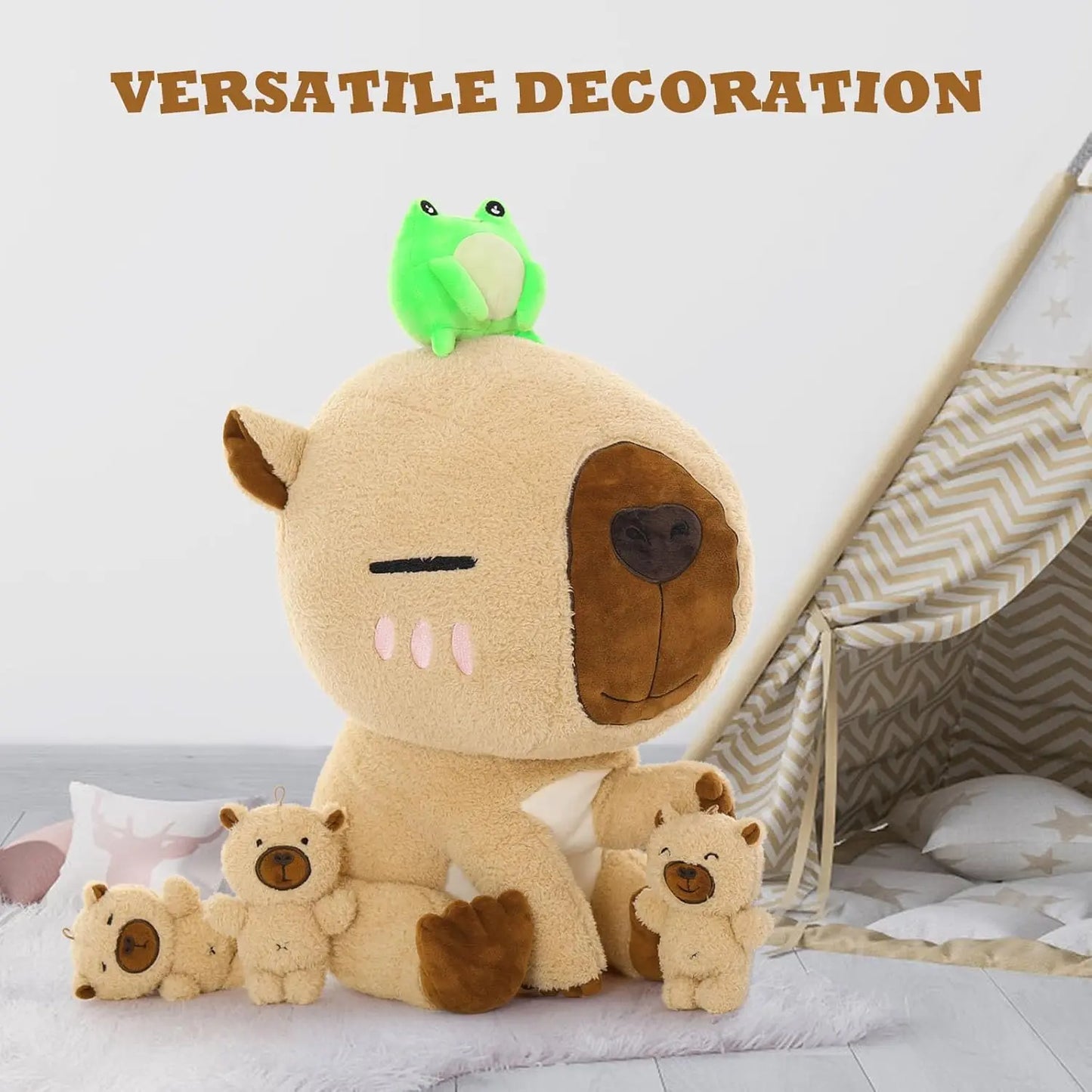 Capybara Stuffed Animal, 21.6'' Big Mommy Capybara Plush Toy with 3 Baby Stuffed Capybara 1 Frog Plush Toy