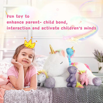 22'' Unicorn Stuffed Animal for Girls, Mommy Stuffed Unicorn with 4 Baby Unicorns, Cute Plush Unicorn Plush Toy for Kids