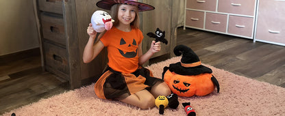 7Pcs Halloween Pumpkin Plush Toy, 21 Inch Big Pumpkin Stuffed Animal with Glow-in-Dark Small Plush Dolls Inside Pumpkin Bucket