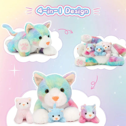 4 Piece Cats Stuffed Animals,  Cute Rainbow Mom and Baby Stuffed Cats for Kids Girls Boys Gift for Valentines Birthday