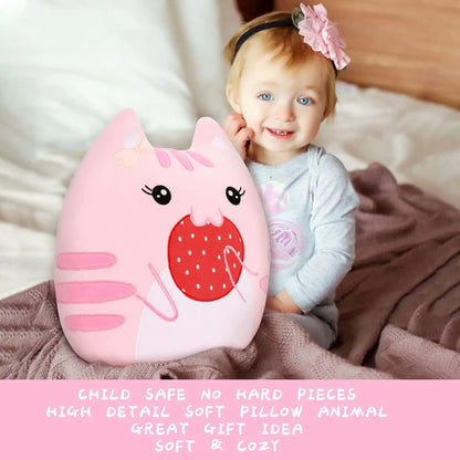 Soft Stuffed Animals Throw Pillow, Kawaii Pink Kitty Cat Eats Strawberry Cartoon Plush Toy Hugging Pillow, Great Gift for Kids
