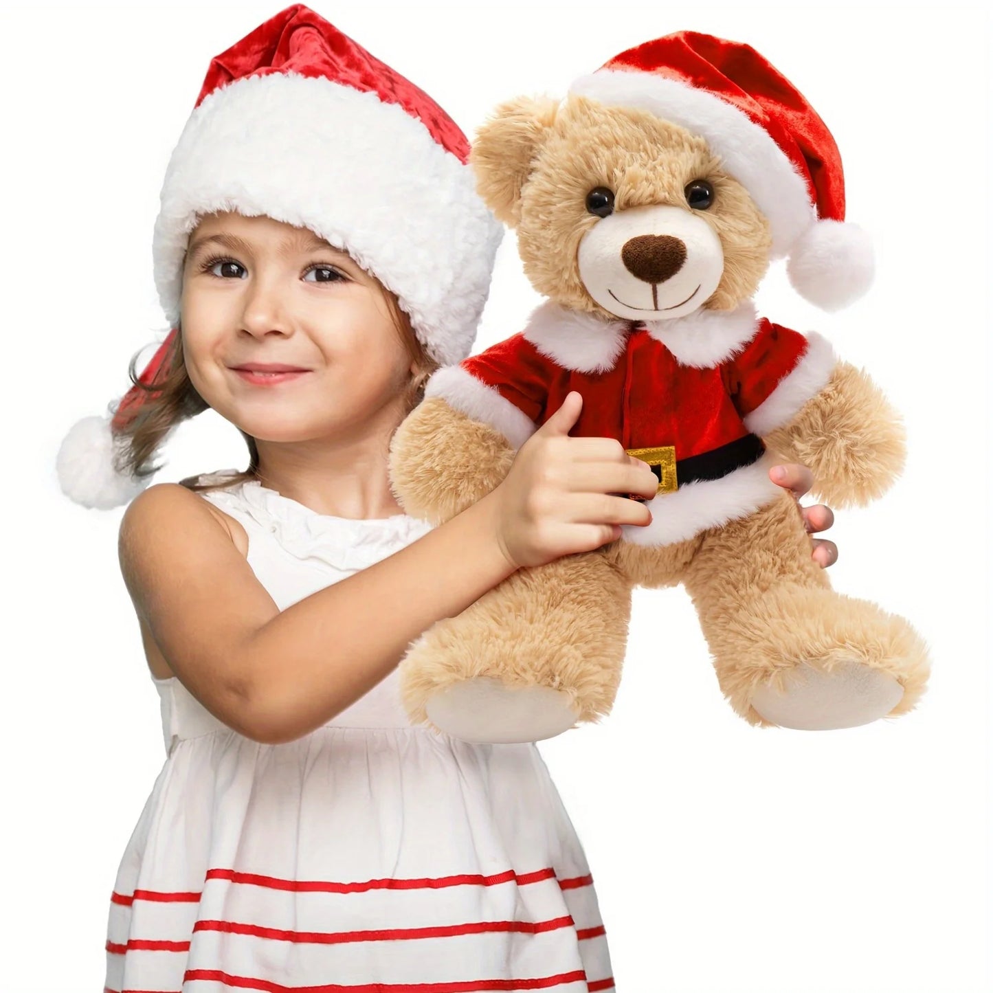 Christmas Teddy Bear Stuffed Animal - 13.8 inch Light Brown Polyester Fiber Plush Bear with Santa Outfit, Gift for Ages 3+