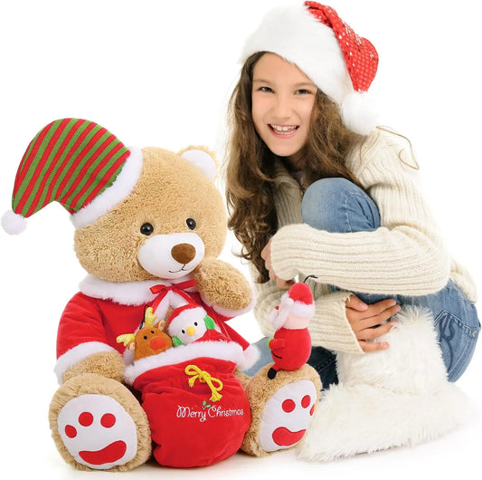 Christmas Teddy Bear Stuffed Animal Santa Claus Snowman Elk Stuffed Soft Plush Toys, 24"(Red Coat, Hat)