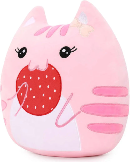 Soft Stuffed Animals Throw Pillow, Kawaii Pink Kitty Cat Eats Strawberry Cartoon Plush Toy Hugging Pillow, Great Gift for Kids
