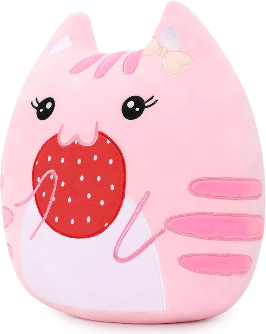 Soft Stuffed Animals Throw Pillow, Kawaii Pink Kitty Cat Eats Strawberry Cartoon Plush Toy Hugging Pillow, Great Gift for Kids