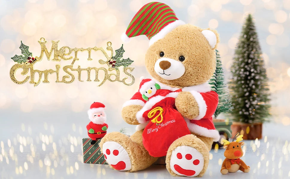 Christmas Teddy Bear Stuffed Animal Santa Claus Snowman Elk Stuffed Soft Plush Toys, 24"(Red Coat, Hat)