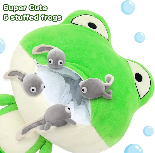 Giant Frog Stuffed Animal- 18” Large Mommy Frog Plush Toy with 4 Baby Tadpoles Inside Zip, Stuffed Frog